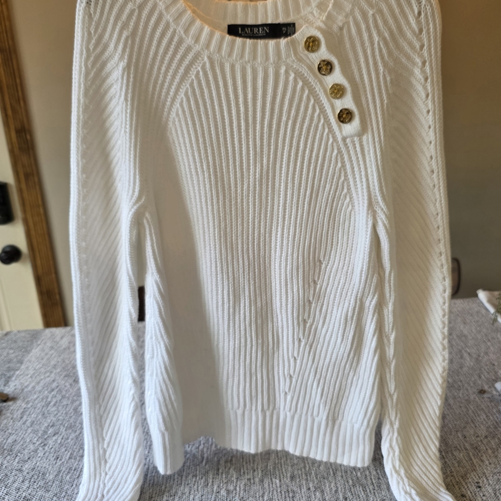 Lauren Ralph Lauren White Sweater with Gold Buttons